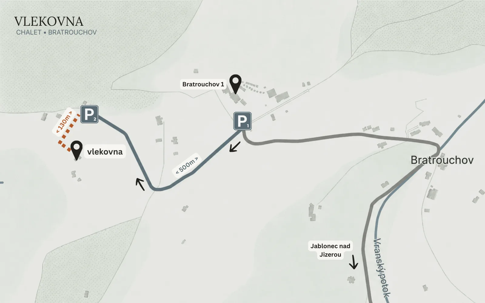 Schéma příjezdu: Bratrouchov → parkoviště P2 (letní, 130 m) a P1 (zimní, 550 m) → Chalet Vlekovna